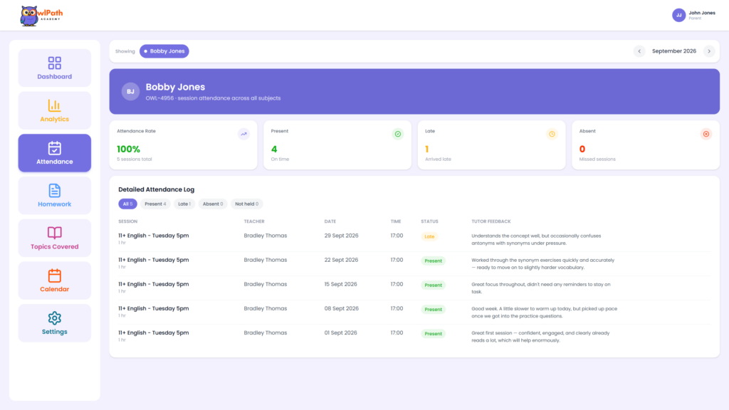 Owlpath Parent Dashboard Attendance Overview