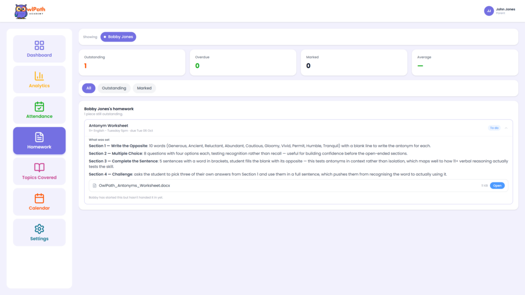 Owlpath Parent Dashboard Homework Screen