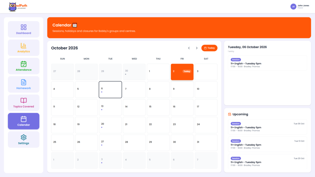 Owlpath Parent Dashboard Calendar