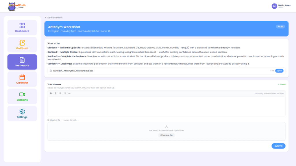 Owlpath Student Dashboard Homework Submission