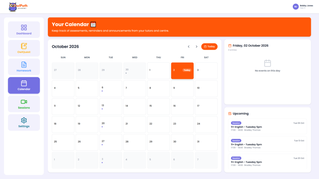 Owlpath Student Dashboard Calendar